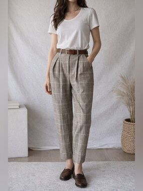 Vintage 90s Plaid High Waist Pleated Trousers Size 8 Neutral Preppy